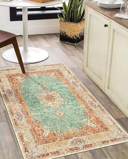 Small Rugs 2x3,Boho Rug for Entryway Bathroom Bedroom Kitchen Entrance Doormat,Vintage Bohemian Distressed Farmhouse Washable Accent Floor Throw Carpet Non Slip,Retro Orange Green Floral