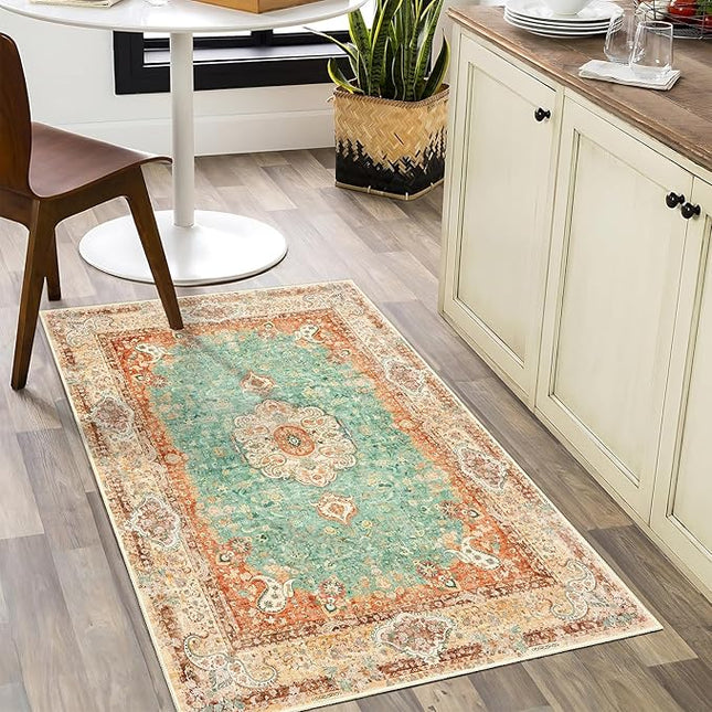 Small Rugs 2x3,Boho Rug for Entryway Bathroom Bedroom Kitchen Entrance Doormat,Vintage Bohemian Distressed Farmhouse Washable Accent Floor Throw Carpet Non Slip,Retro Orange Green Floral