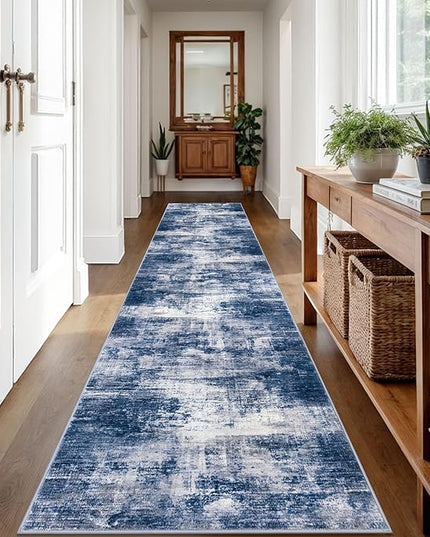 IOHOUZE Abstract Runner Rug 2x12 Ft Washable Runners for Hallways, Non Slip Kitchen Runner Printed Faux Wool Entryway Runner Indoor, Modern Abstract Floor Carpet for Hall Kitchen, Navy/Grey