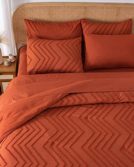 Litanika Full Size Comforter Set with Sheets Burnt Orange - 7 Pieces Bed in a Bag Full Terracotta Boho Tufted Complete Bedding Sets Rust Bed Set with Comforter, Sheets, Pillowcases & Shams