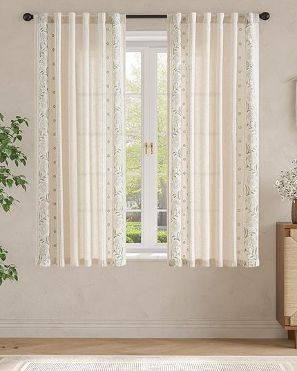 jinchan Winslow Linen Curtains for Bedroom 63 Inches Length Embroidered Bordered Floral Curtains for Living Room Farmhouse Decor Light Filtering Window Treatments Sage on Beige Drapes 2 Panels