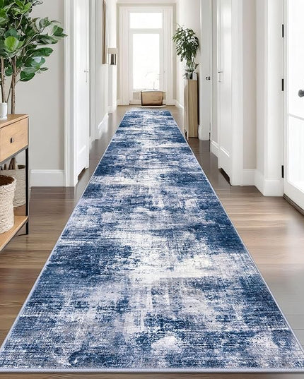 IOHOUZE Abstract Runner Rug 3x18 Ft Washable Runners for Hallways, Non Slip Kitchen Runner Printed Faux Wool Entryway Runner Indoor, Modern Abstract Floor Carpet for Hall Stair, Navy/Grey
