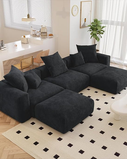 JACH 141" Oversized Modular Sectional Sofa, Deep 3-Seats Sectional Couch with Chaise Ottomans, Huge Plus Convertible Soft Sofas, Corduroy Minimalist Couches for Living Room, Apartment, Black
