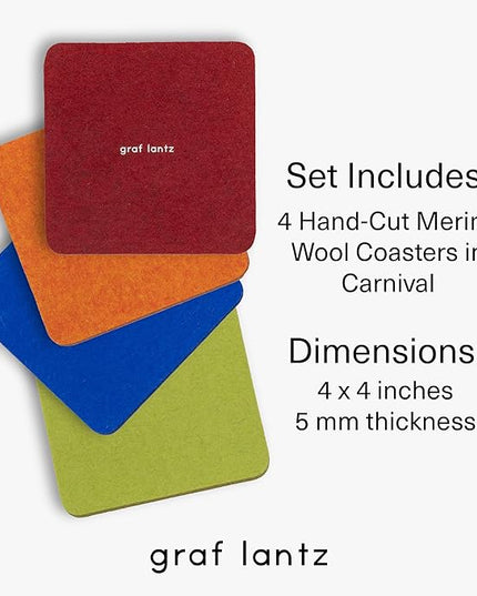 Graf Lantz - Bierfilzl Merino Wool Square Coasters Set of 4 - Carnival (4"x4"x5mm) - Absorbs 30% of Weight - Natural German Wool - Heat Resistant, Sustainable, Reusable - Home Decor