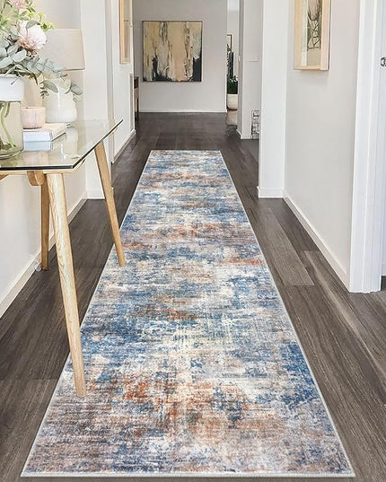 IOHOUZE Abstract Runner Rug 2x10 Ft Washable Runners for Hallways, Non Slip Kitchen Runner Printed Faux Wool Entryway Runner Indoor, Modern Abstract Floor Carpet for Hall Kitchen, Blue Rust