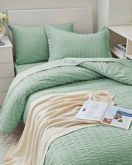 HYMOKEGE Sage Green Twin XL Comforter Set Seersucker 5 Pieces, All Season Luxury Bed in a Bag for Bedroom, Bedding Set with Comforter, Sheets, Pillowcase & Sham