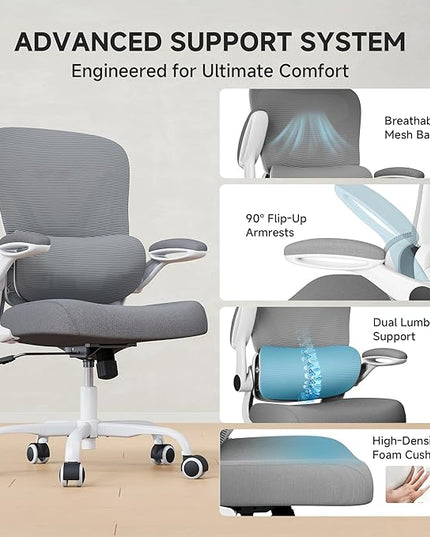 Office Chair with Adjustable Lumbar Support, 330 LBS Home Office Desk Chair with Flip-up Armrests, Mesh Computer Chair for Long Day Use, White and Gray