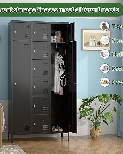 Aobabo Metal Storage Locker for empolyees, 10 Doors Metal Lockers with Hooks, for School, Home Office, Garage, Assembly Required, Black