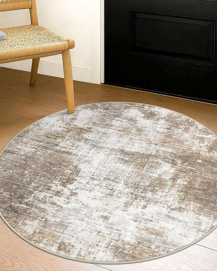 IOHOUZE Round Area Rug 3 Ft Circle Entryway Rugs Round Washable Door Mat Indoor Entrance, Non Slip Circle Front Door Rug, Printed Abstract Faux Wool Floor Carpet for Foyer Porch Sink, Beige Brown