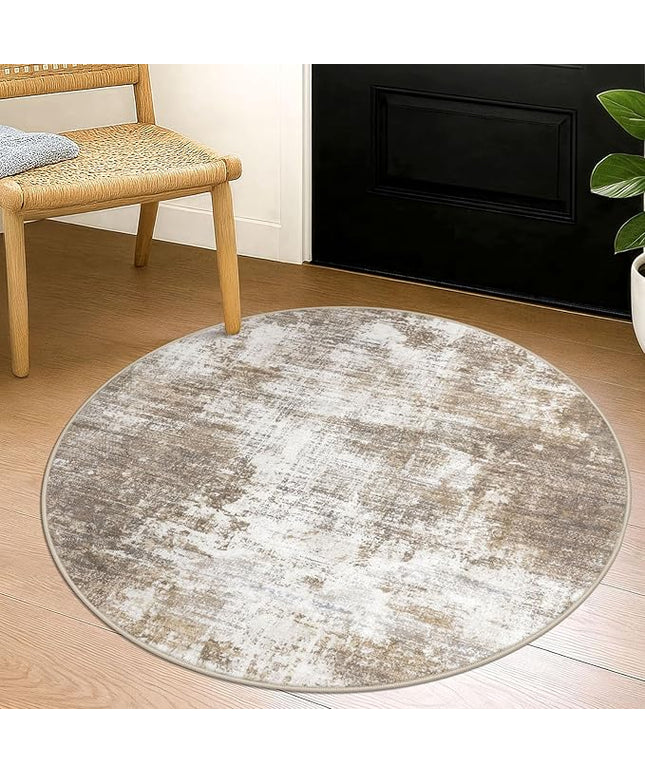 IOHOUZE Round Area Rug 3 Ft Circle Entryway Rugs Round Washable Door Mat Indoor Entrance, Non Slip Circle Front Door Rug, Printed Abstract Faux Wool Floor Carpet for Foyer Porch Sink, Beige Brown