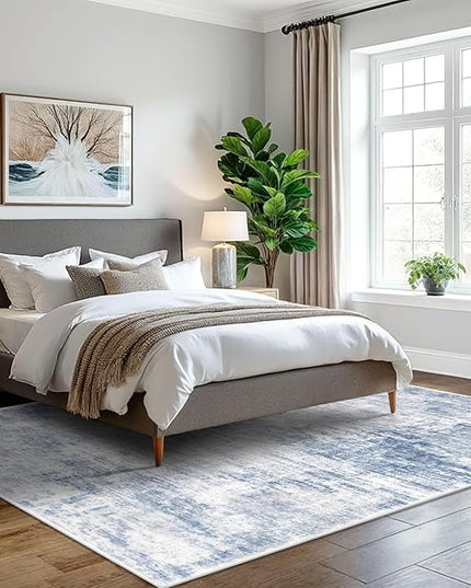 IOHOUZE Abstract Area Rugs 5x7 Ft Washable Rugs for Living Room, Non Slip Dining Room Rug, Printed Faux Wool Rugs for Bedroom, Floor Carpet for Office Nursery Playroom, Light Blue White