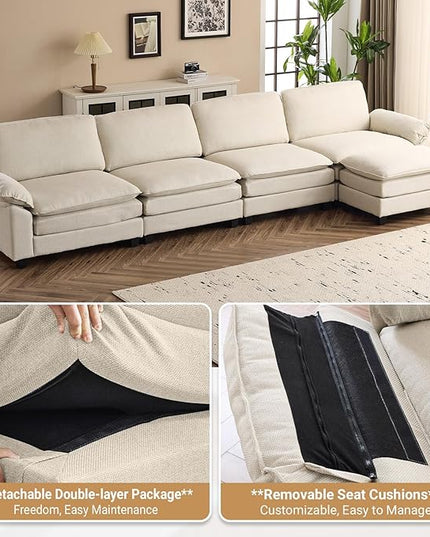 VINGLI 156" Cloud Couch, Comfy Modular Sectional Sofa Set for Living Room,L-Shaped Linen 4-Seat Convertible Loveseat Sofa with 1 Ottoman for Small Space.(Beige)