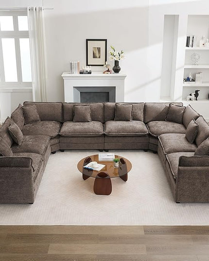 147'' Oversized U Shaped Cloud Sectional Sofa, Chenille Deep Seat Couches for Living Room, Comfy Upholstered Modular Sectional Sofa Couch, Brown