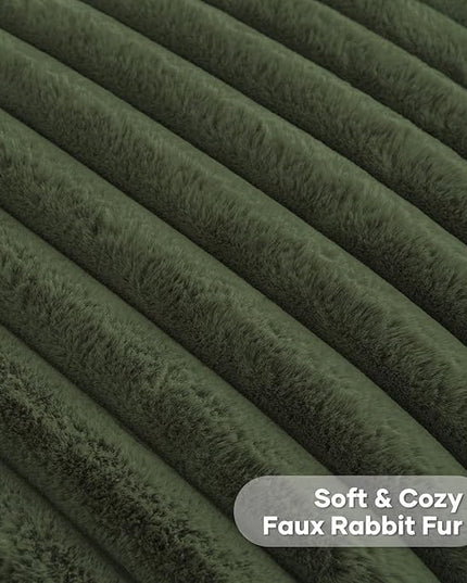 FUTEI Olive Green Throw Pillow Covers Set of 2, 28x28 Inch Striped Texture Euro Pillow Shams with Soft Faux Rabbit Fur Front & Velvet Back, Modern Decorative Couch Pillows for Living Room