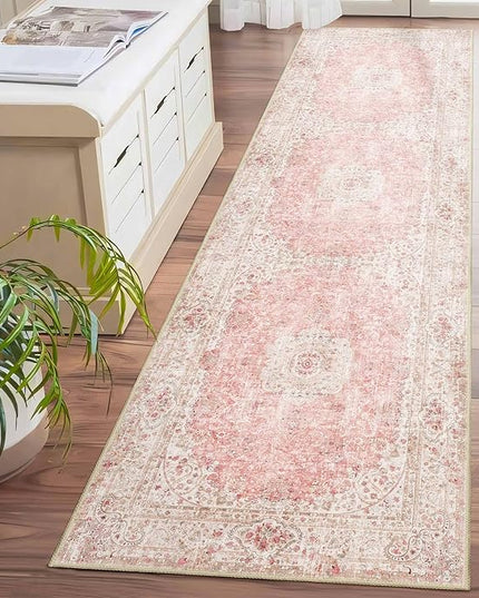 Washable Runner Rug 2x8,Pink Rug Runners Non Slip,Long Boho Rugs for Hallways Kitchen Bedroom Entryway Living Room Bathroom,Vintage Bohemian Distressed Floor Carpet,Blush