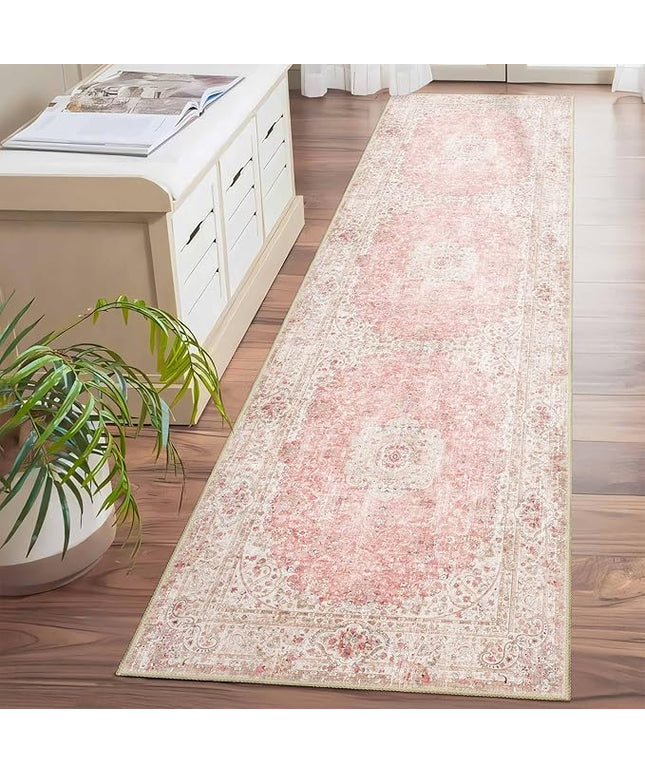 Washable Runner Rug 2x8,Pink Rug Runners Non Slip,Long Boho Rugs for Hallways Kitchen Bedroom Entryway Living Room Bathroom,Vintage Bohemian Distressed Floor Carpet,Blush