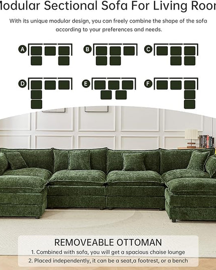 Modular Sectional Sofa, 147.2 Inch U Shaped Couch Set with Armrests, 4-Seater Comfy Cloud Couches with Movable Ottoman for Living Room Apartment, Green