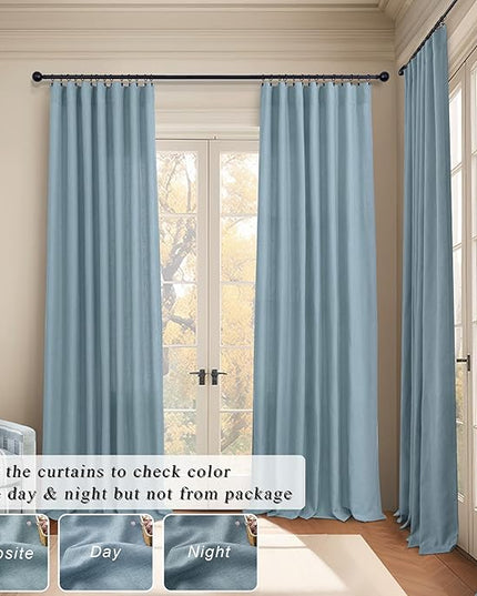 Blue Curtains 108 Inches Long For Living Room Dining 2 Panels Set Back Tab Pocket Farmhouse Linen Semi Sheer Blue Light Filtering Curtains for Bedroom Patio High Ceiling Balcony 9 FT Tall Stone Blue