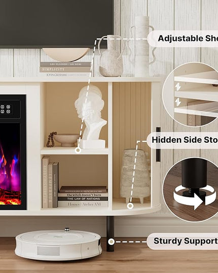 65" Fluted Fireplace TV Stand for TVs Up to 75 inches, Modern Entertainment Center with 23" Electric Fireplace, Wooden Curved TV Console with Sliding Doors for Living Room, White