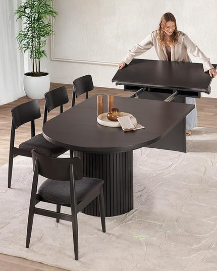Transformer Table - Solid Wood Extendable Round Dining Table Set with 4 Chairs, Seats 4-10 Extendable Round Dining Set, Smoked Hickory, Black Finish (Table + 4 Chairs)