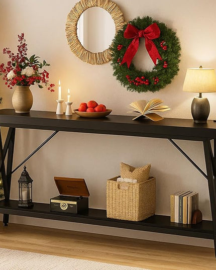 Homieasy 70.9 Inch Extra Long Console Table, Industrial Sofa Table Behind Couch with Charging Station & Storage Shelf, Entryway Table for Living Room & Entryway, Black