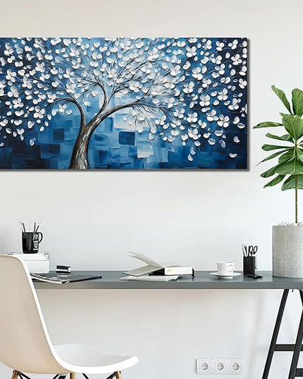SSNEEKNDG Blue Tree of Life Wall Art for Bedroom White Flower Tree Large Artwork for Living Room Office Kitchen Modern Aesthetic Pictures Canvas Prints 20"x40"