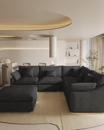 Modular Sectional Sofa Couch, 119.29" V Shaped Modular Couch with Storage Ottoman, Down Filled Convertible Sofa for Living Room, 6 Seat Wide Couches,Cushion Covers Removable,Black