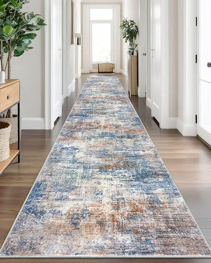IOHOUZE Abstract Runner Rug 3x18 Ft Extra Long Washable Runners for Hallways, Non Slip Kitchen Runner Printed Faux Wool Entryway Runner Indoor, Modern Abstract Floor Carpet for Hall Stair, Blue Rust