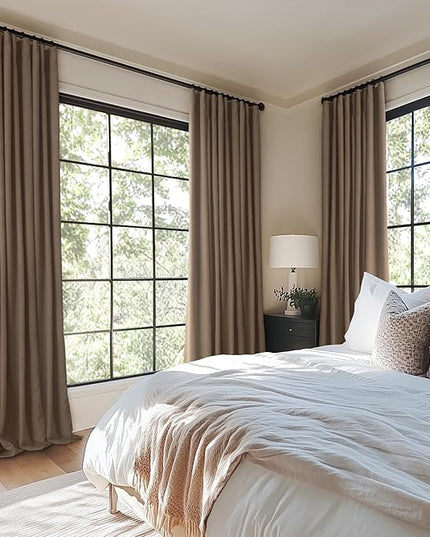 INOVADAY 100% Blackout Curtains for Bedroom, Black Out Curtains 96 Inch Long, Clip Rings Linen Blackout Drapes, Thermal Insulated Room Darkening for Living Room, 2 Panels - Linen Brown,W50xL96