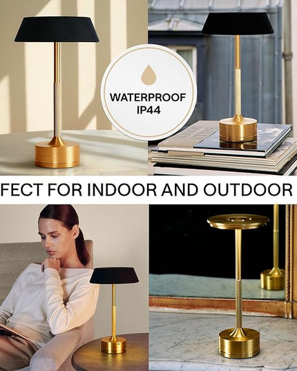LED Cordless Table Lamp - Rechargeable Light for Home, Bedside, Kitchen - Small Dimmable Tap Lights - Battery Powered Touch Lamp for Desk Wireless - Black and Gold Lamp Shades, IP44, USB Type C Cable