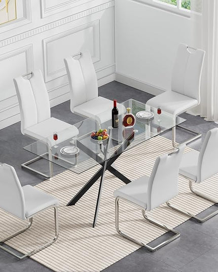 HomVent 7 Pieces Rectangular Glass Dining Table Set, Glass Kitchen Table Set for 6 Dinner Table Set with 6 PU Dining Chairs for Kitchen Dining Room