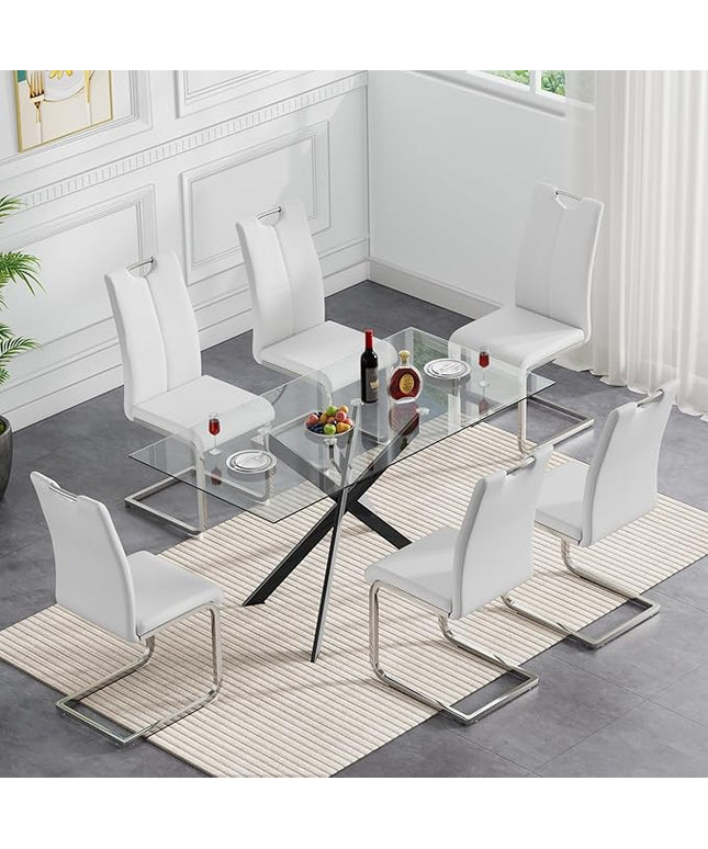 HomVent 7 Pieces Rectangular Glass Dining Table Set, Glass Kitchen Table Set for 6 Dinner Table Set with 6 PU Dining Chairs for Kitchen Dining Room