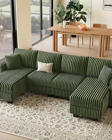 Belffin U Shaped Couch with Reversible Chaises Sectional Couches for Living Room Sectional Couch with Ottomans Corduroy (Green, U Shaped)