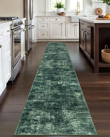 IOHOUZE Abstract Runner Rug 2x12 Ft Washable Runners for Hallways, Non Slip Kitchen Runner Printed Faux Wool Entryway Runner Indoor, Modern Abstract Floor Carpet for Hall Kitchen, Dark Green