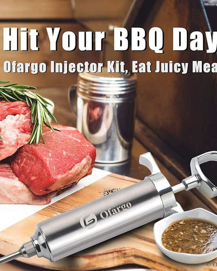 Ofargo Stainless Steel Meat Injector Syringe Kit with 4 Marinade Needles for BBQ Grill Smoker, Gifts for Men Dad Husband in Thanksgiving Christmas Day, 2-oz Large Capacity, Both Paper User Manual and E-Book Recipe