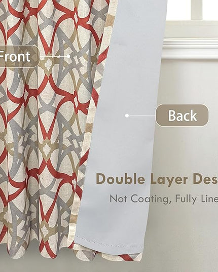 DriftAway Alexander Blackout Curtains for Living Room Linen Blend Pattern Match Thermal Insulated Room Darkening Geo Moroccan Mid Century Back Tab Bedroom Drapes 2 Panels 52 x 63 Inch Linen Red