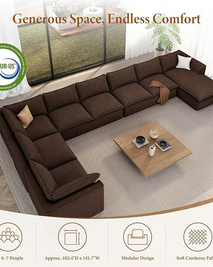Vesgantti 204.7" Oversized Boneless Sectional Couch, Modern 9 Seater Modular Sofa with Chaise, Deep Seat Convertible Corduroy Cloud Couches for Living Room, No Assembly Required, Dark Brown