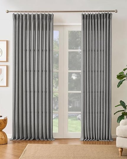 Grey Pinch Pleated Curtains 105 Inches Long 2 Panels, Soft Linen Textured Window Drapes for Bedroom Living Room Semi Sheer Light Filtering Back Tab with Hooks 70x105