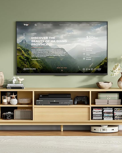 IRONCK Modern Fluted TV Stand for TVs Up to 80 inches, 69" Entertainment Center with Storage Drawer, TV Console with Sliding Doors and Adjustable Shelves, Media Console for Living Room Bedroom, Oak