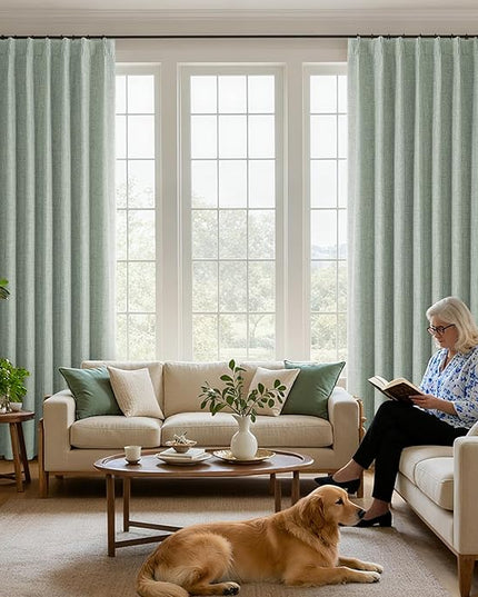 Joydeco Pinch Pleated Curtains - 100% Blackout for Bedroom, Sage Green Linen Curtains 40" W x 96" L, Thermal Insulated 2 Panels Light Blocking Drapes, Back Tabs for Living Room
