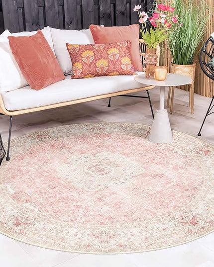 Pink Round Rug 6ft,Large Circle Area Rugs for Bedroom Living Room,Washable Boho Vintage Bohemian Distressed Oriental Floral Carpet Non Slip,Blush