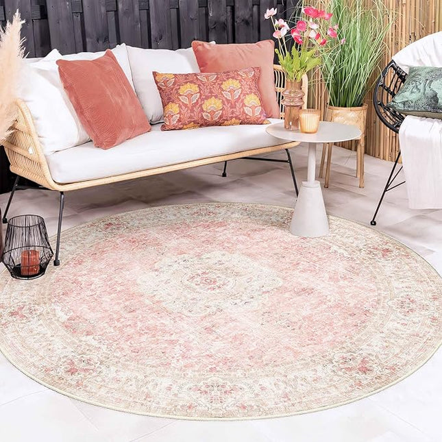 Pink Round Rug 6ft,Large Circle Area Rugs for Bedroom Living Room,Washable Boho Vintage Bohemian Distressed Oriental Floral Carpet Non Slip,Blush