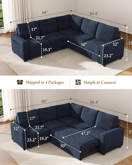 Vesgantti 88.4" Sleeper Sectional Couch with Pull Out Bed, 5 Seater L Shaped Modular Sectional Sofa with Storage, Comfy Chenille Modular Sofa for Living Room, Bedroom, Apartment, Blue