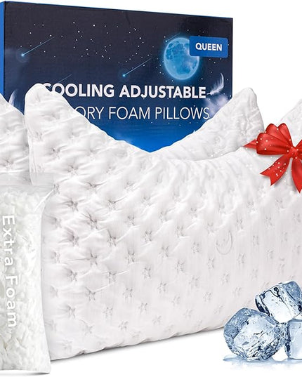 Cooling Side Sleeper Pillow for Neck and Shoulder Pain, Luxury Shredded Memory Foam Curved Bed Pillows for Sleeping Set of 2- Adjustable Queen Size- Washable Cover Crescent White