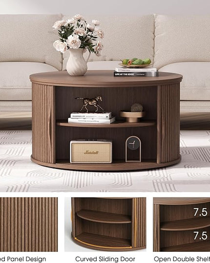 Round Coffee Table with Storage, 31.5" Drum Coffee Table with Lifting Top, Small Fluted Accent Center Table for Living Room, Walnut