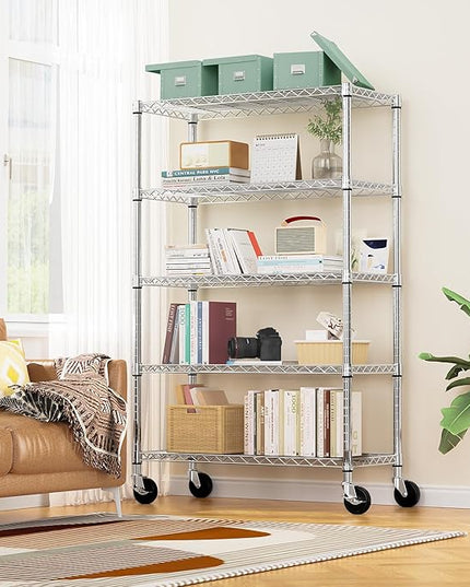 5-Shelf Storage Shelves,Wire Shelving Heavy Duty Metal Storage Shelving Unit Adjustable Garage Shelving Rack Pantry Kitchen (Chrome, 5 Tier,17.7" D x 47.2" W x 76.7" H)