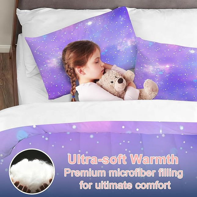 Tie Dye Ombre Bedding Set Twin for Kids Girls Teens Gradient Purple Comforter Set Glitter Bedding Set Colorful Quilt Set with 1 Comforter + 1 Pillowcase