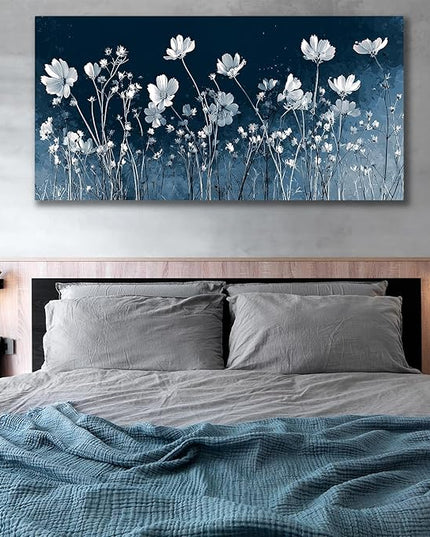 HUADAOART Canvas Wall Art White Wildflowers on Navy Blue Background Modern Floral Home Decor for Bedroom 20" x 40"