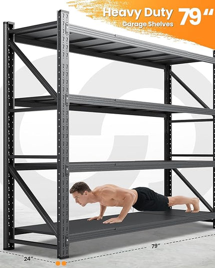 79”W Garage Shelving Heavy Duty, 7000LBS Metal Storage Shelves, 24” Deep Storage rack shelf, Steel Tall Industrial Shelving , 4 Tier Adjustable Standing Shelf for Warehouse / Shop 79"W x 24"D x 79"H