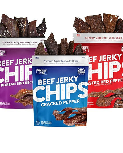 Wicked Cutz Korean BBQ Beef Jerky Chips, 14g Protein per Bag, Crispy & Crunchy Beef Jerky Crisps, USA Made Barbeque Flavored Chips, High Protein Carnivore Snacks (2 Bags)